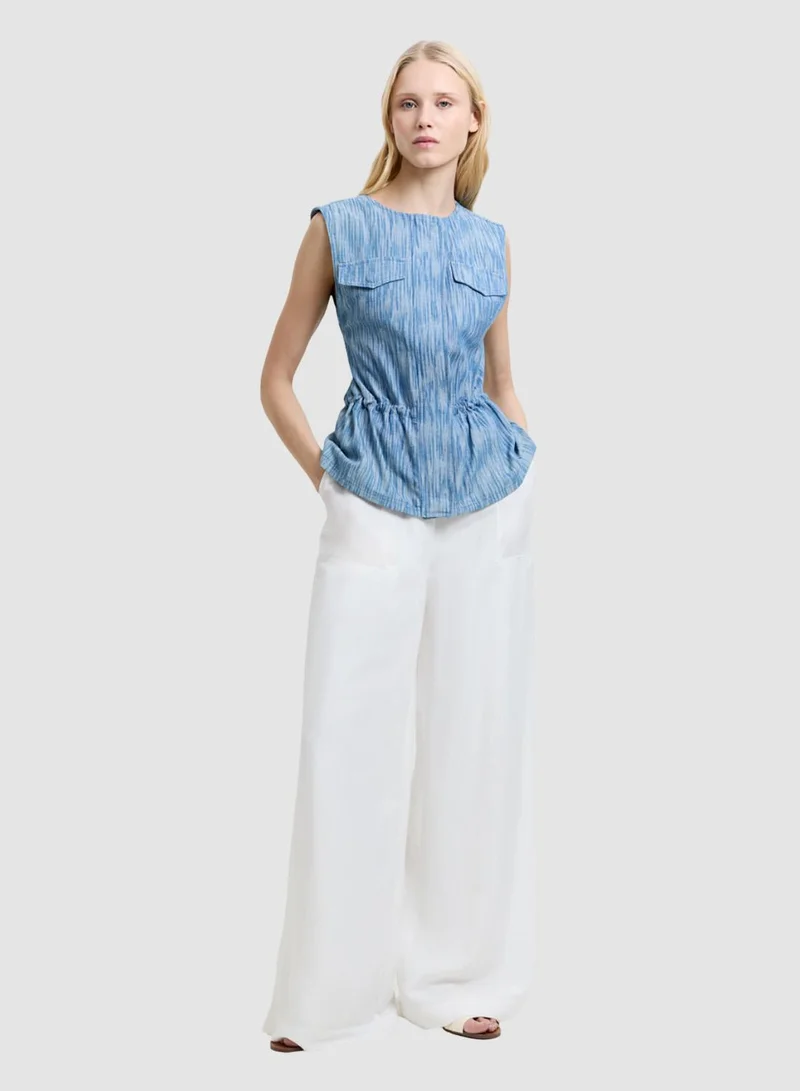 French Connection Mid Blue Bessie Textured Denim Waistcoat for Women | Best Price UAE